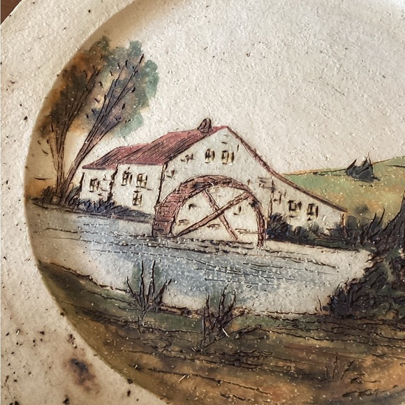 Rustic Decorative Pottery Plate - Waterwheel Mill Pond Scene Country - Picture 4 of 5